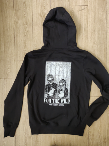 Photo of a black hooded pullover jumper with an illustrated print on the front